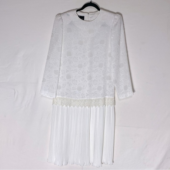 Vintage White Long Sleeve Pleated Midi Shift Bride Mother Of The Bride Dress M - Picture 1 of 16